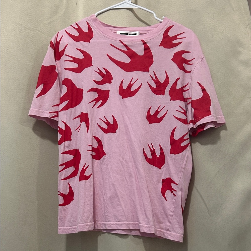 Alexander McQueen Pink T-Shirt with Red Bird Pattern